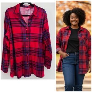 Woman Within Holiday Red & Blue Plaid Shacket Velvet Button Down Top Sz L 18-20